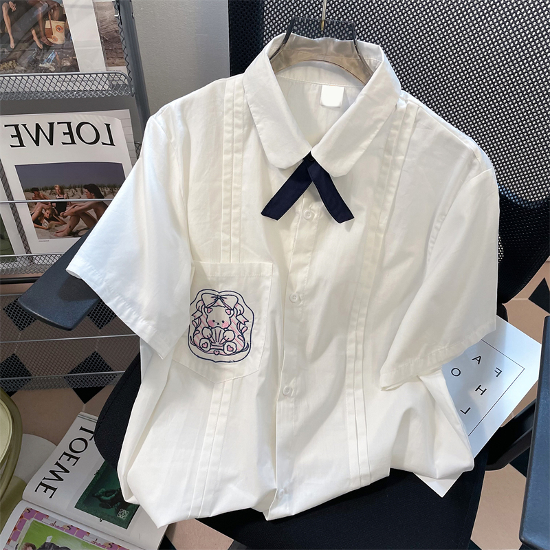 日系bf港风可爱小熊jk制服领结衬衫男女夏季宽松vintage外套上衣