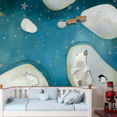 简约卡通动物星空墙纸 幼儿园儿童房卧室壁纸环保墙布 定制壁画