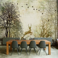 欧式复古墙纸小鹿麋鹿 客厅电视背景墙壁纸 怀旧复古树林无缝壁画