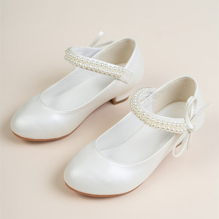 童鞋女童白色皮鞋儿童高跟单鞋中大童钢琴表演出走秀礼服公主水晶