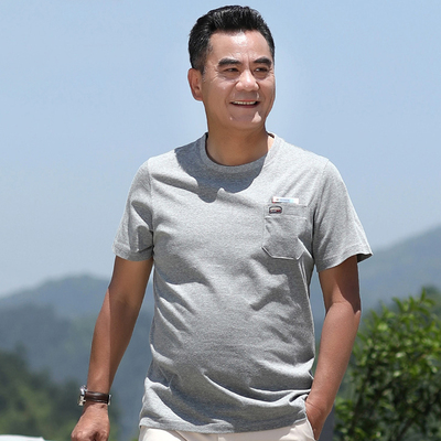 夏季短袖圆领带真口袋t恤中老年人男士50-60岁纯棉宽松体恤上衣服