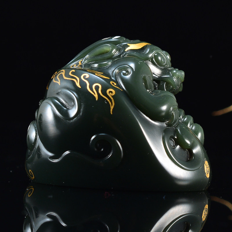 【臻品佑字款】和田玉 超细塔青 金银错 貔貅 挂件65.5585g