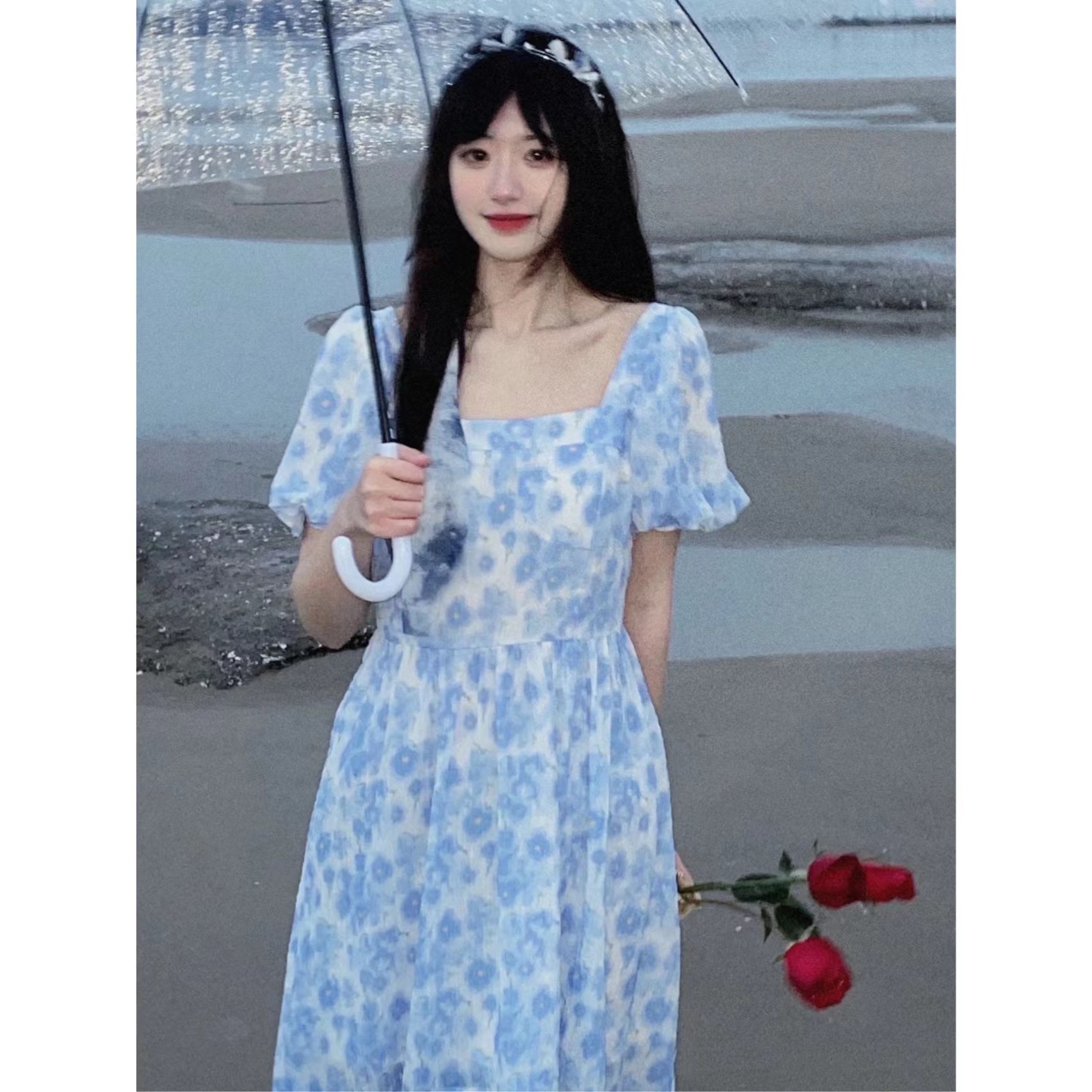 蓝色碎花连衣裙2022春夏新款雪纺法式收腰中长裙海岛来信