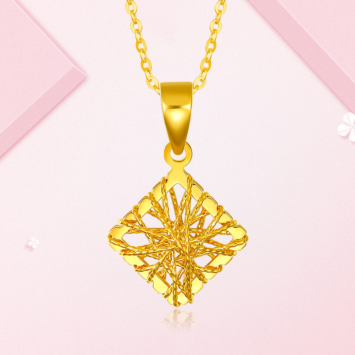 鸣钻国际18k金吊坠黄金镂空菱形时尚锁骨链坠k金项链女夏原创设计
