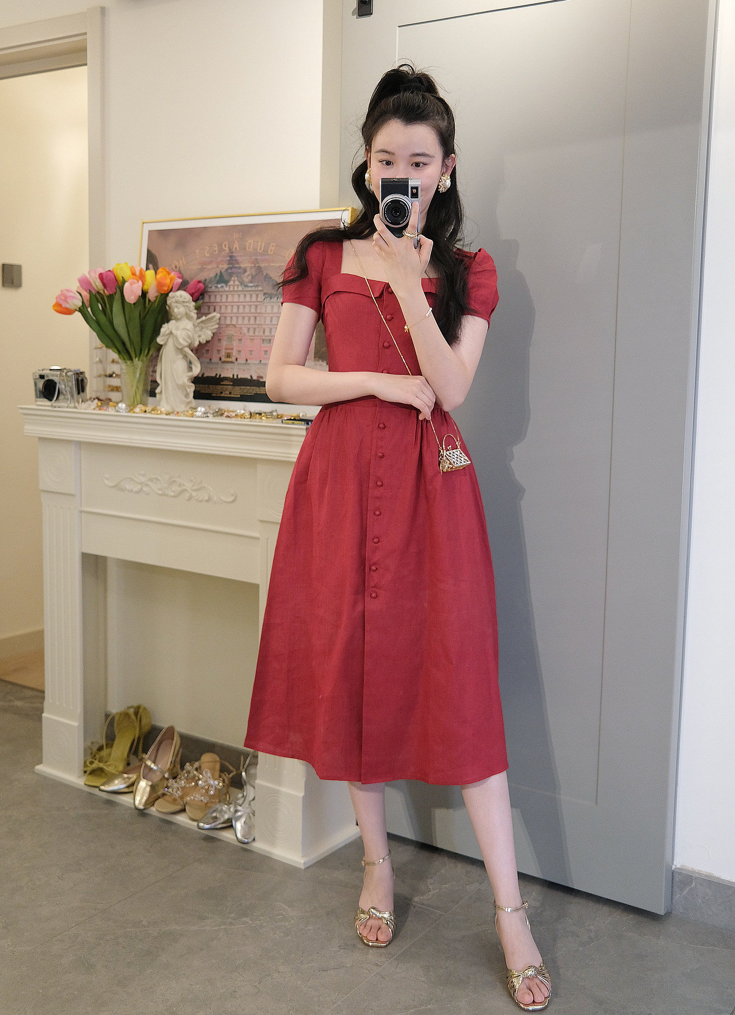 亚麻红色连衣裙