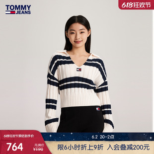 Tommy 24新款春夏女装美式条纹拼色短款露腰POLO领针织毛衣17321