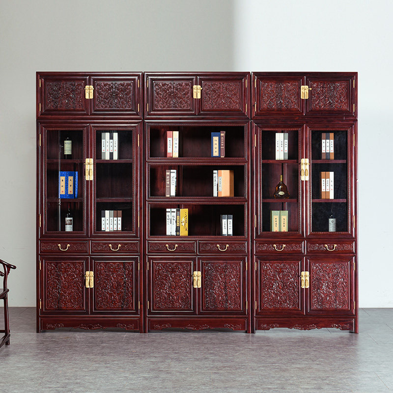 赞比亚血檀书橱柜全实木中式非洲小叶紫檀书房置物柜红木书柜顶箱