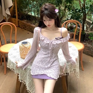 小个子紫色一字肩吊带连衣裙子女2024新款春季小众设计绝美包臀裙
