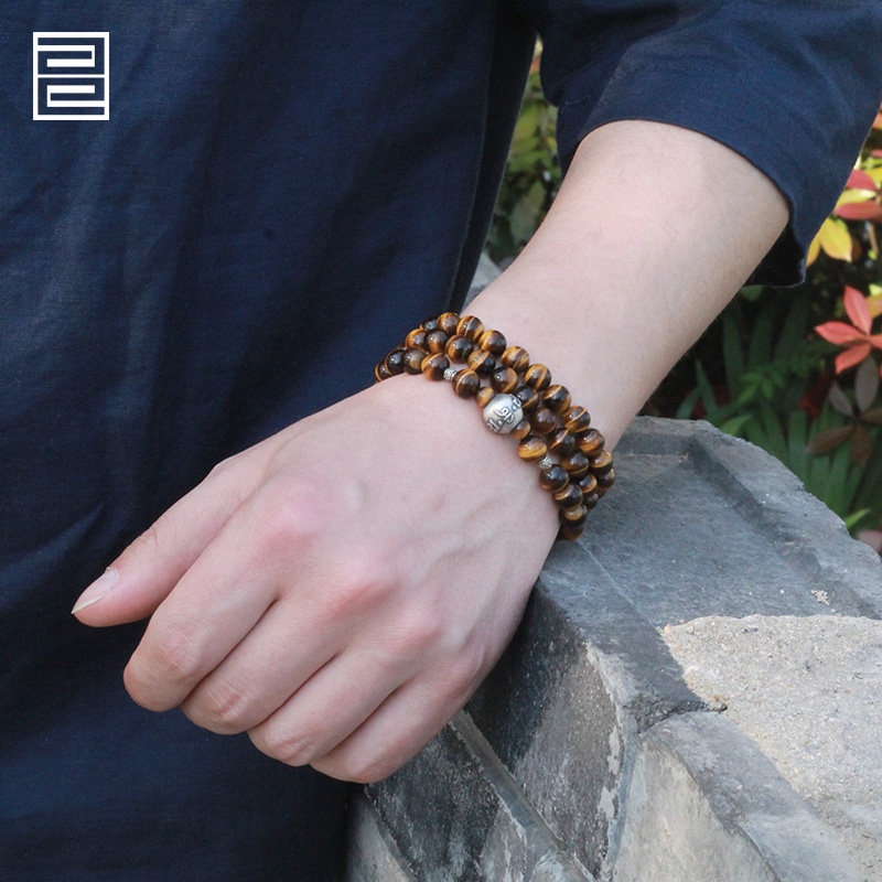 古凡红黄虎眼石手链男士韩版潮男佛珠手串个性天然水晶转运首饰品