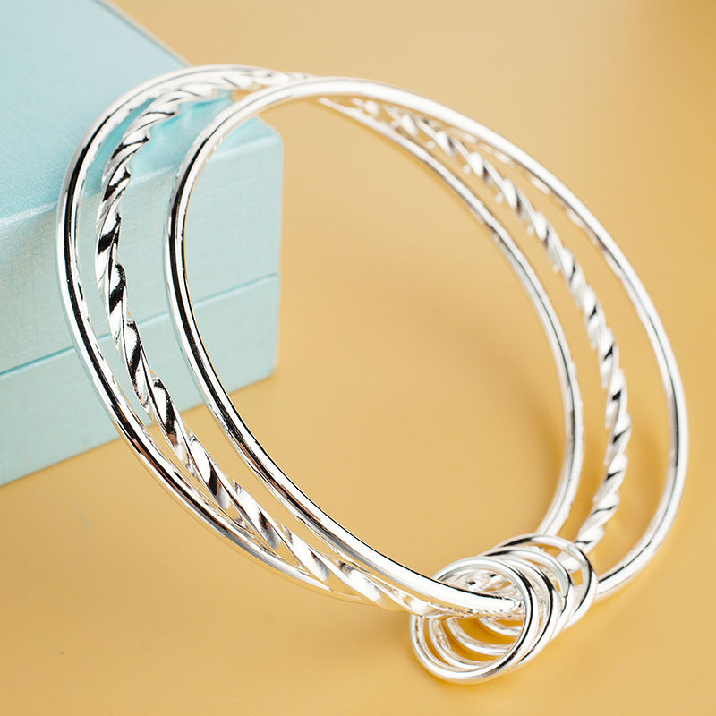 瑞爱丽三生三世纯银手镯女999纯银实心细圈多圈多环风三环2银镯子