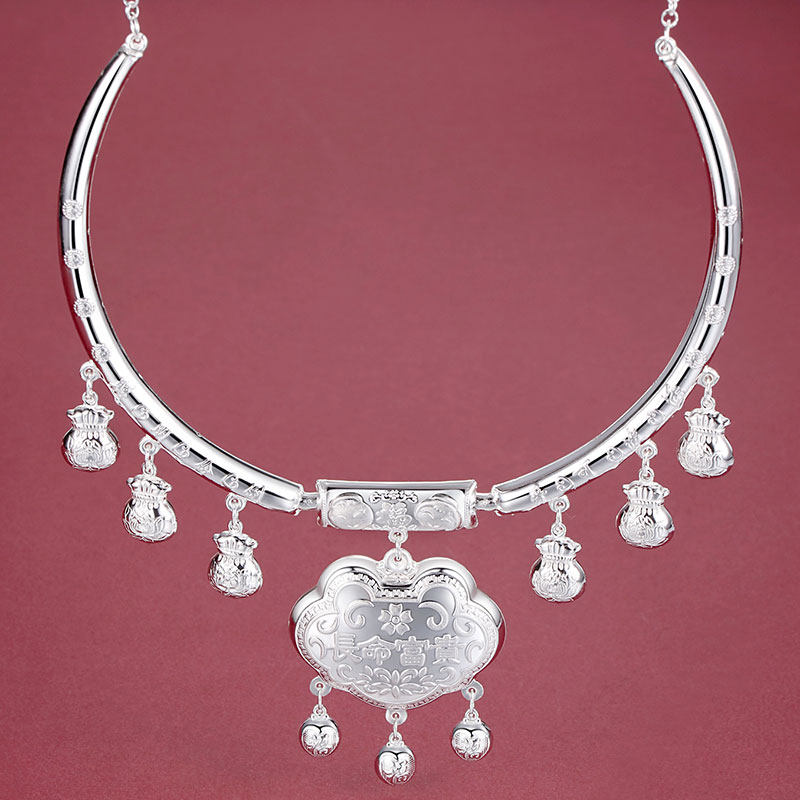 s999纯银长命锁银项圈足银锁吊坠男女宝宝婴儿童线圈满月周岁送礼