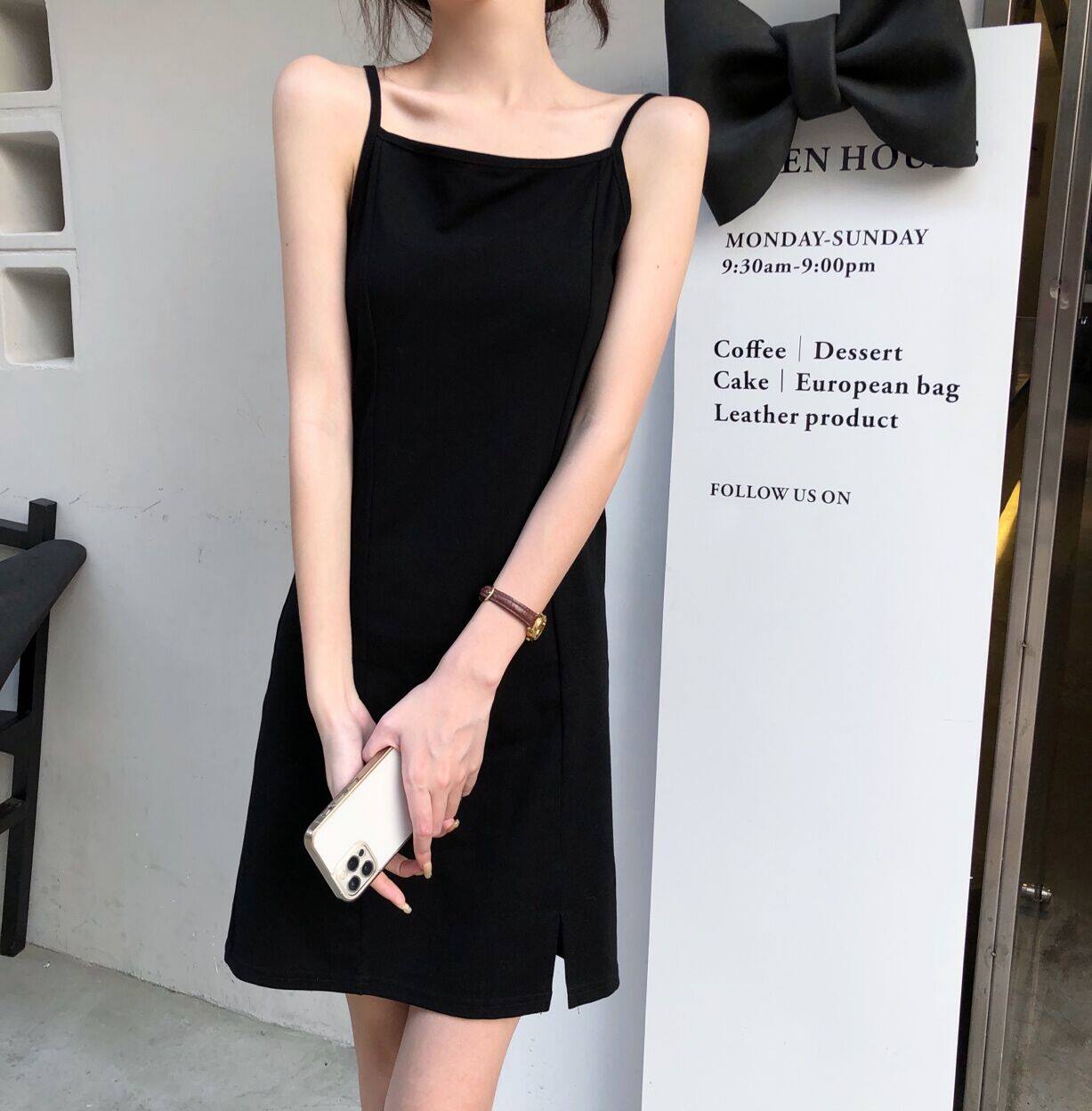 实拍实价~雪纺防晒衬衫 黑色吊带裙