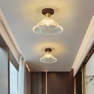 新中式过道灯吸顶灯现代简约胡桃木玻璃玄关阳台走廊厨卫实木灯具