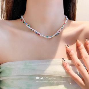 甜美彩色水晶珍珠缠绕双层项链小清新设计感锁骨链新款小众项饰女
