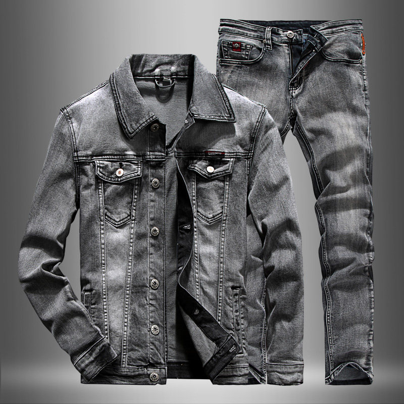 春秋男士套装牛仔外套日系复古烟灰色夹克修身两件套男装一套衣服