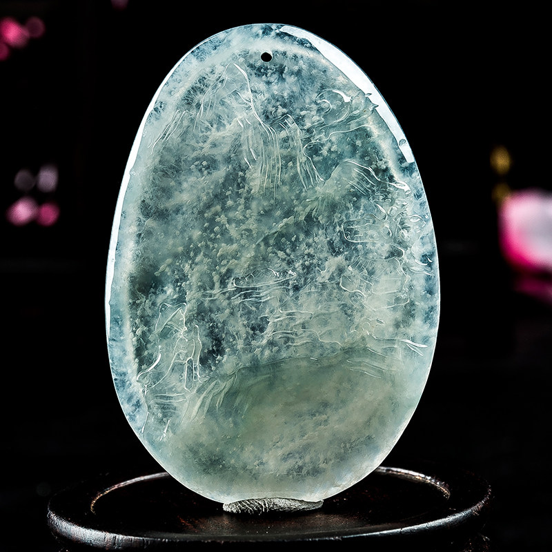 天然a货老坑冰种雪花棉木那料山水牌挂件 24.76g