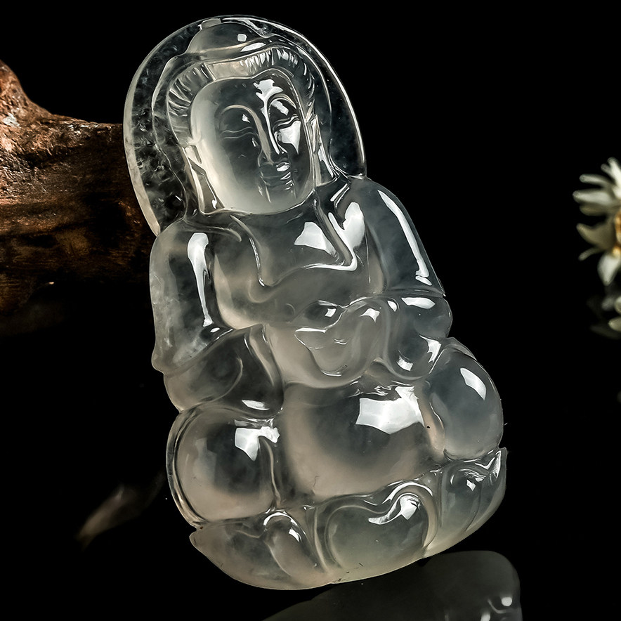 【普度众生】翡翠a货老坑冰种强荧光正装观音挂件 13.26g