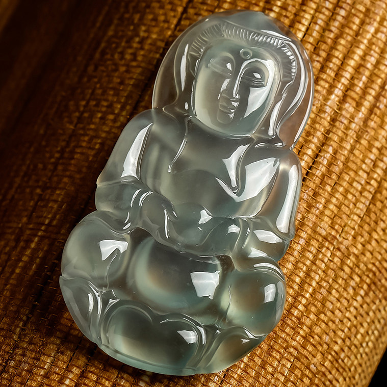 起荧光高冰种【平平安安】精雕a货翡翠正装观音挂件 7.25g