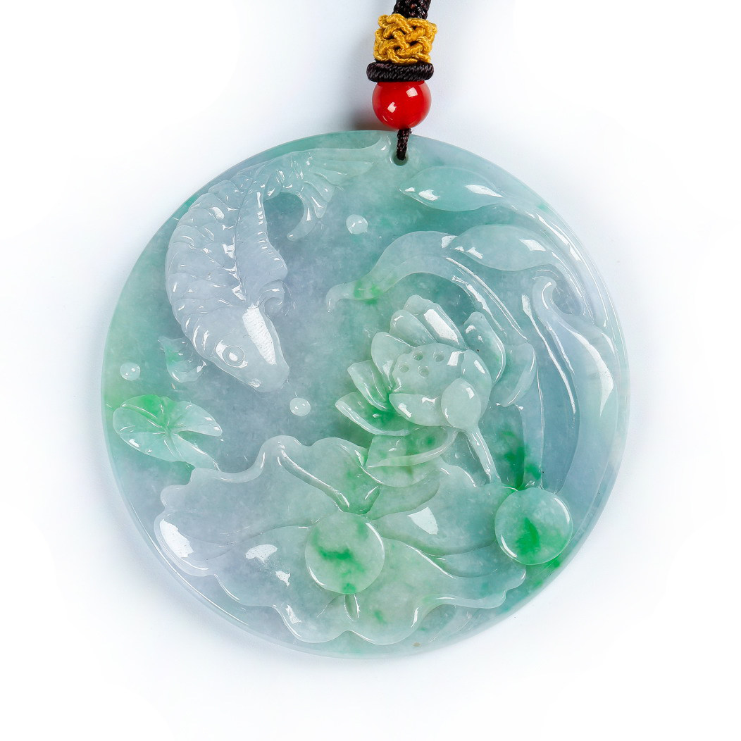 天然缅甸a货翡翠精雕荷花鱼吊坠35.89克