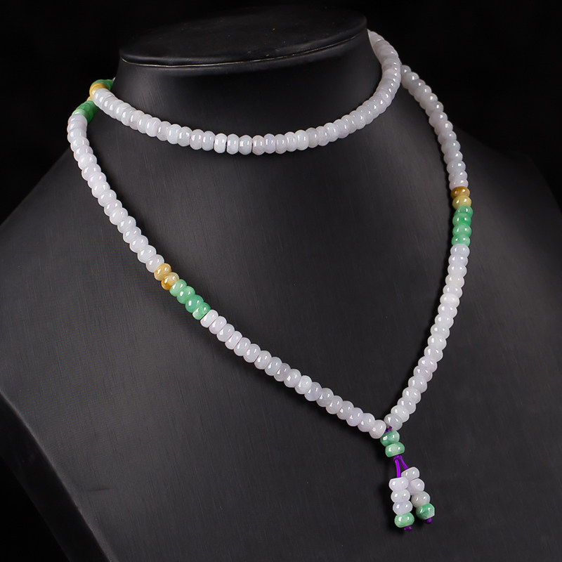 纯天然缅甸a货翡翠三彩算盘珠项链珠链47.14克