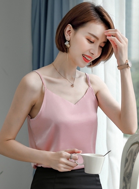 v领纯色吊带背心女 真丝美背缎面料宽松西装内搭打底衫打底穿上衣