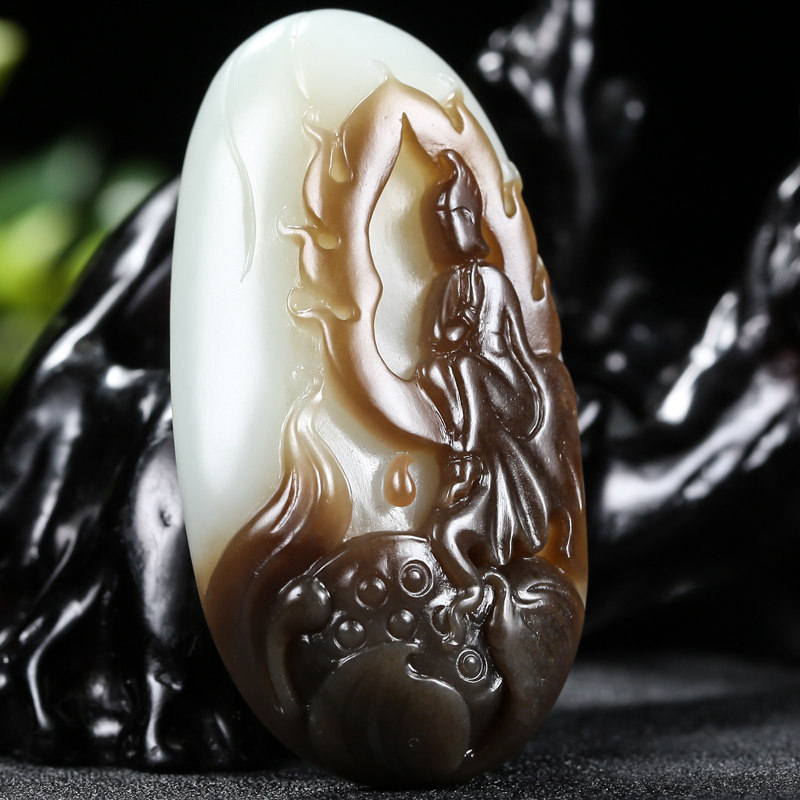 中国青年玉雕家林培俏色 和田玉羊脂白玉【花开见佛】挂件 55克