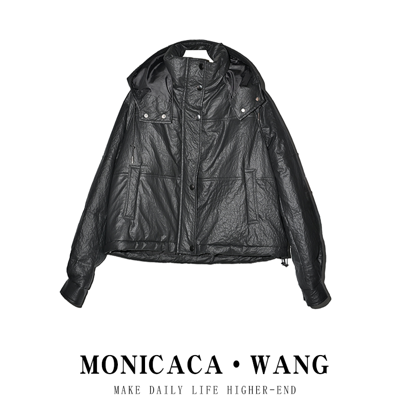 【MONICACA WANG】（衣长65）石头纹工艺皮羽绒外套1545-1