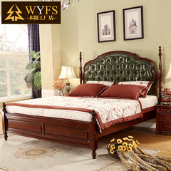 美式乡村卧室家具橡木实木床1.8米 真皮软靠背双人床复古成人婚床