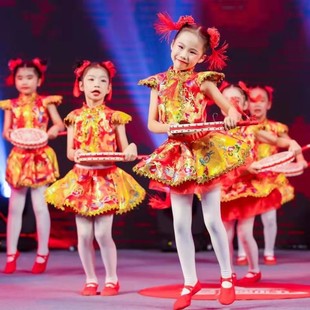 六一儿童中国红说唱喜庆风梦娃秧歌服幼儿女太平鼓民族舞蹈演出服