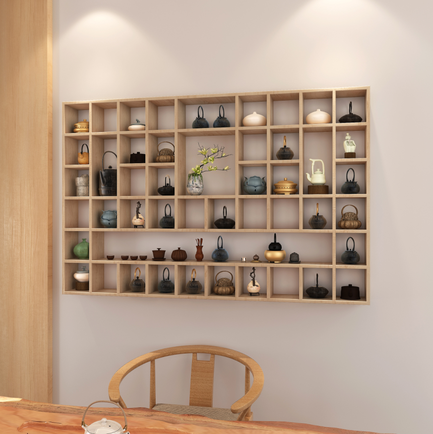 隔板壁挂墙上置k物架茶壶展示架实木格子架杯子架墙上博古架木格