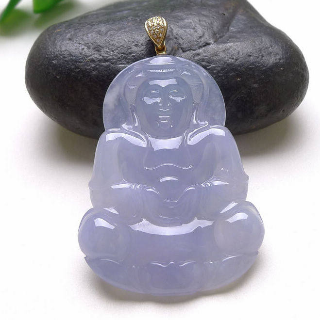 天然a货翡翠 18k金扣头冰糯种紫罗兰观音吊坠 20.82克