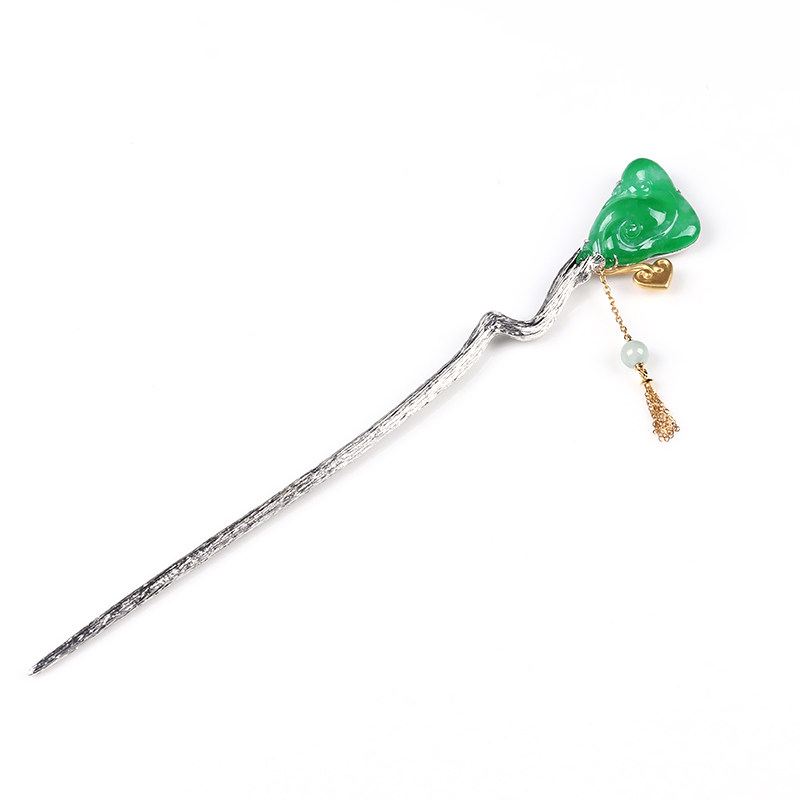 【如意发簪】天然翡翠-18k金镶嵌冰种满绿如意发簪14.91g