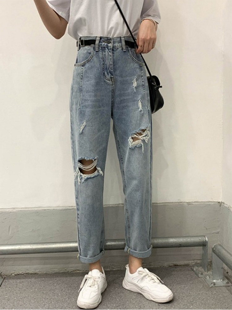 破洞牛仔裤女2021年新款胖妹妹早秋宽松洋气显瘦直筒裤大码九分裤