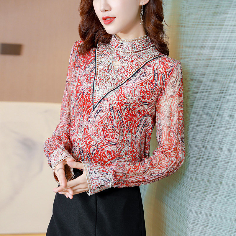 实拍 复古真丝上衣女2021夏装新款立领镂空灯笼长袖休闲宽松衬衫