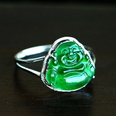 18k金镶钻 冰种满绿镶嵌佛公戒指 1.94g