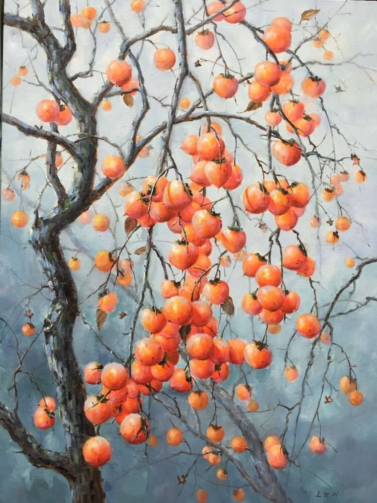 凌振宁《柿柿如意》布面油画