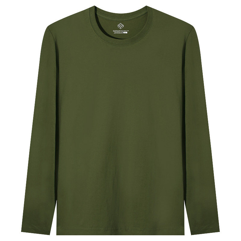 纯棉长袖t恤男基础款纯色秋季打底衫宽松内搭薄款圆领上衣军绿色