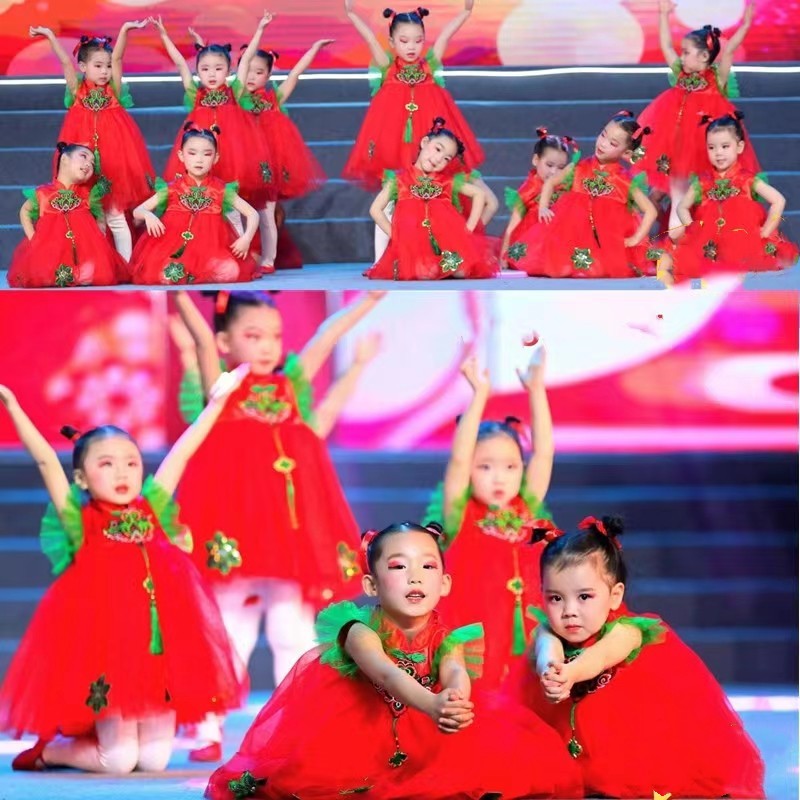 元旦儿童梦娃说唱中国红喜庆演出服幼儿园灯笼舞蹈蓬蓬纱裙表演服