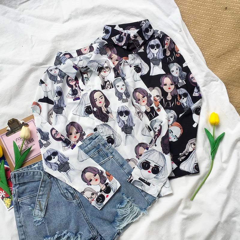 Retro Harbor Wind Easy Show thin Cartoon beauty printing Sun shirt jacket summer girl Versatile Long sleeve shirtin the Women's clothing/Boutique , Shirt category - from Buy2taobao.com to provide professional Taobao agent buy service