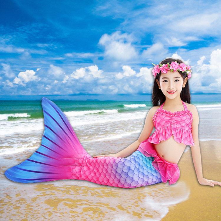 儿童美人鱼游泳衣女童鱼尾巴公主裙式泳衣女孩三件套分体花边衣服