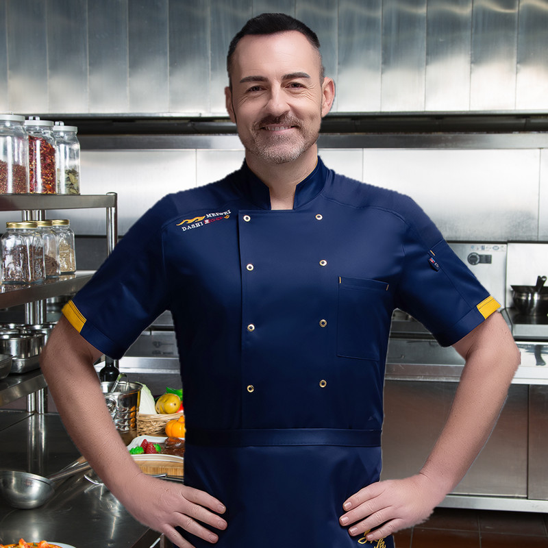 酒店西餐厨师工作服夏季饭店食堂蓝色厨师服面包烘焙男女短袖定制