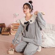 Autumn and winter coral fleece pajamas women's cute Korean flannel warm thickening plus velvet suit spring and autumn home clothes