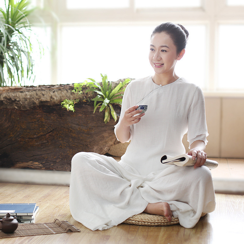 佛笑缘茶服女装瑜伽套装改良中式上衣女禅服女棉麻中国风唐装盘扣