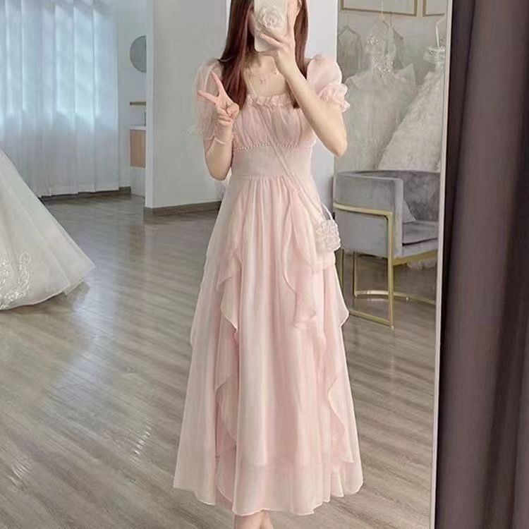 2024夏季法式感气质名媛新款温柔长裙显瘦小个子仙女粉色连衣裙子