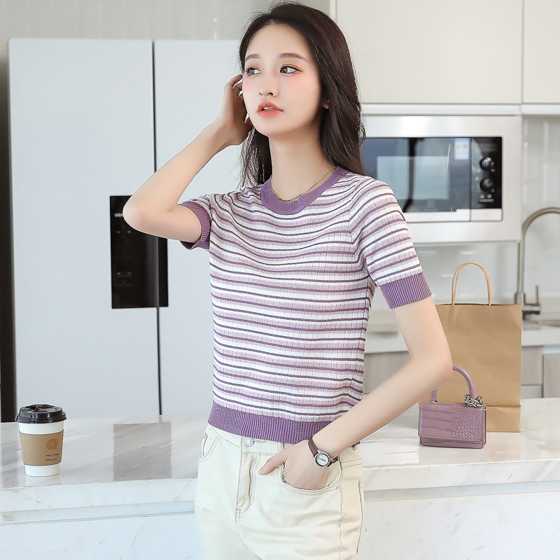 夏季新款短袖冰丝针织衫女士百搭打底衫修身显瘦短款条纹t恤上衣