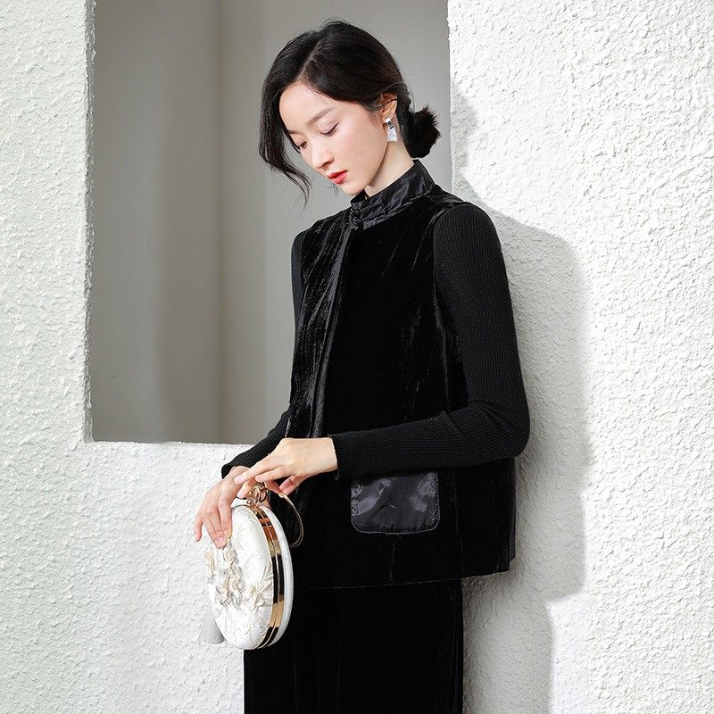 yx0389原创设计多季气质真丝丝绒显瘦款中国风高档立领马甲女复古