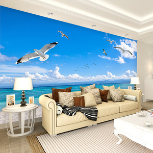 现代简约3d立体大海风景蓝天白云海鸥电视背景墙壁纸无缝影视墙布