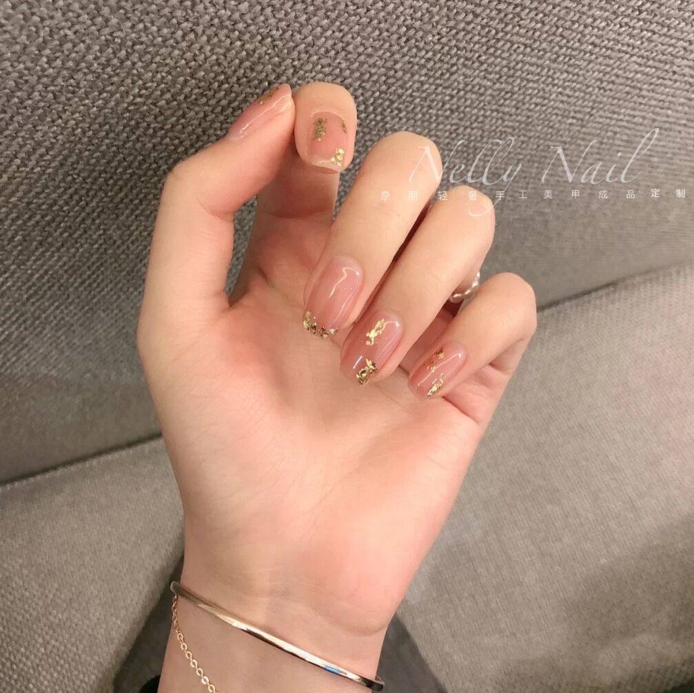 奈丽裸粉金箔款式穿戴甲定制美甲贴片成品假指甲贴片可摘可戴甲片