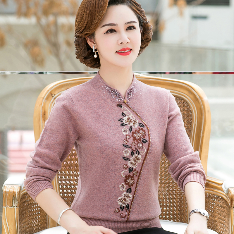 高档妈妈新款100羊毛衫中年女秋冬装毛衣中老年人奶奶冬季打底衫