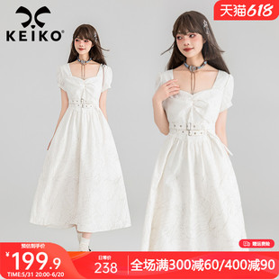 KEIKO 法式腰带显瘦白色连衣裙2024夏季高级感提花方领小白长裙子